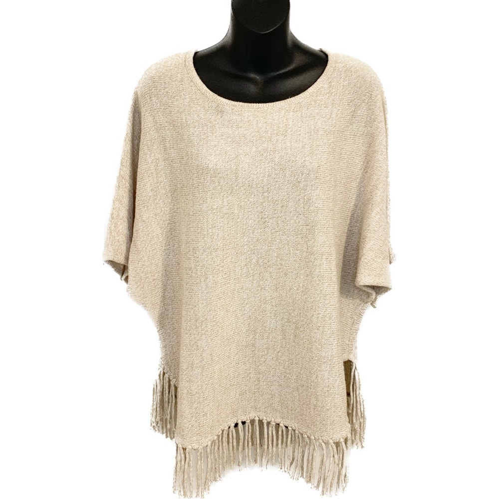 NY Collection Oatmeal Cream Beige Fringe Sweater Dolman Sleeve Poncho Medium M‎